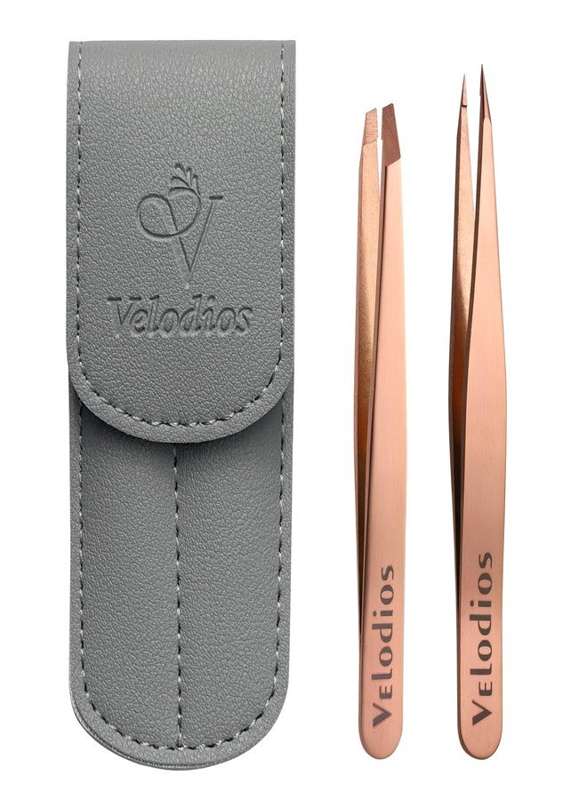 Velodios 2-Pack Precision Tweezers for Eyebrows, Facial Hair, Ingrown Hair Removal, Professional Stainless Steel Eyebrow Tweezers for Women and Men, Tweezer Set with PU Travel Case - Image 1